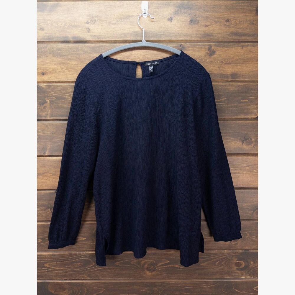 Eileen Fisher Textured Long Sleeve Navy Blouse Small Keyhole Back Split Hem